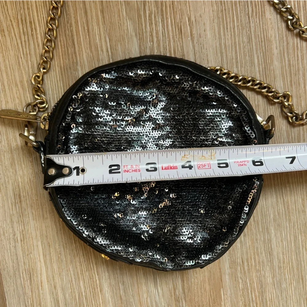 Maxx New York Sequin Round Crossbody Bag Black Silver Leather Trim evening purse